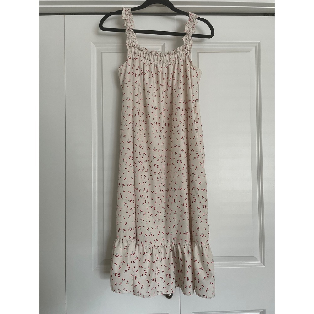 Midi Dress White Cherry Print Ruffle Pockets Smocked Strap Coquette Size Large